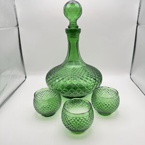 MCM Italian Diamond-Cut LARGE Sized Genie Bottle Decanter & Glasses Set Of 3